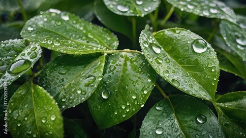 Lush green leaves covered in sparkling water droplets after a refreshing rain