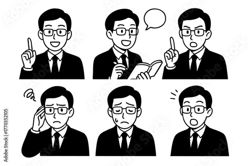 Businessman Character Icon Set Japan Doodle Style Vector Illustration