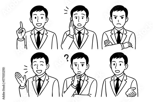 Businessman Character Icon Set Japan Doodle Style Vector Illustration