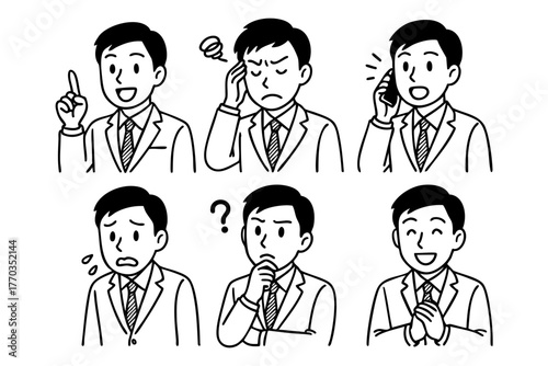 Businessman Character Icon Set Japan Doodle Style Vector Illustration