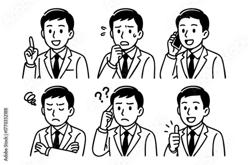 Businessman Character Icon Set Japan Doodle Style Vector Illustration