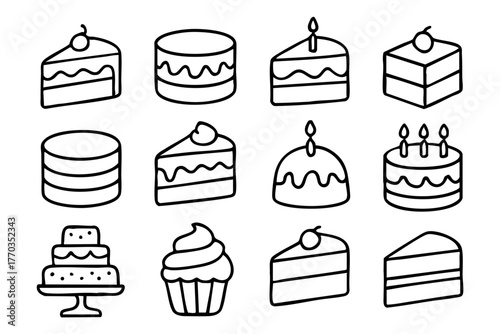 Cakes and desserts icon set in doodle style vector illustration