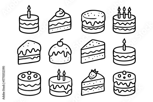 Cakes and desserts icon set in doodle style vector illustration