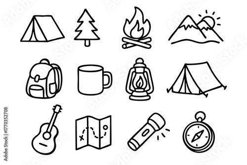 Camping and hiking icon set in doodle style vector illustration