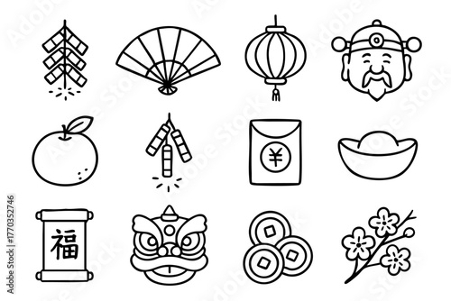 Chinese New Year doodle icon set vector illustration