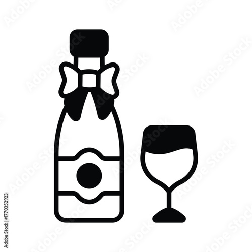 Festive wine bottle with glass for holiday toast, modern glyph icon