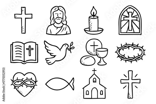 Christian doodle icon set vector illustration