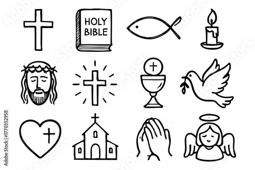 Christian doodle icon set vector illustration