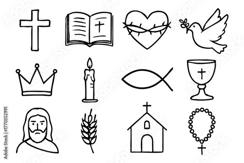 Christian doodle icon set vector illustration