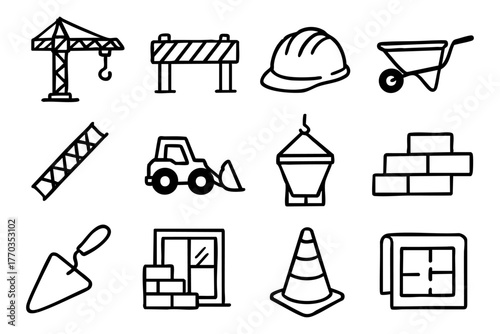 Labor and construction doodle icon set vector illustration