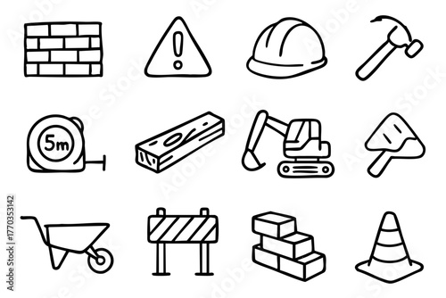 Labor and construction doodle icon set vector illustration