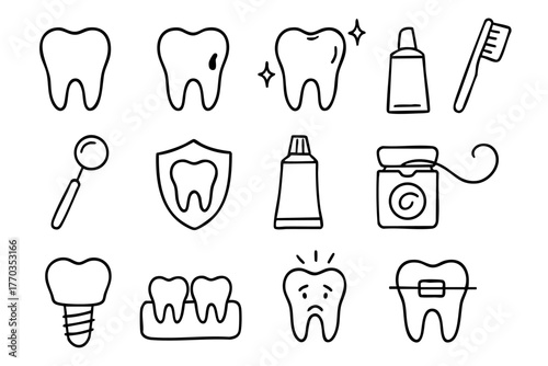 Dental and teeth doodle icon set vector illustration