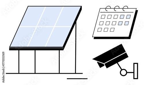 Solar panel generating energy, a calendar for scheduling, and a security camera for monitoring. Ideal for sustainability, renewable energy, planning, technology, eco-awareness, productivity simple
