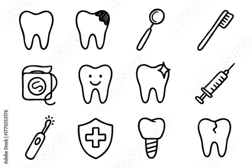 Dental and teeth doodle icon set vector illustration