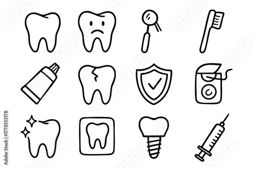 Dental and teeth doodle icon set vector illustration