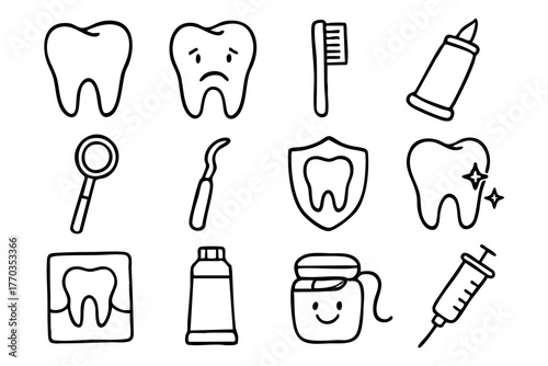 Dental and teeth doodle icon set vector illustration