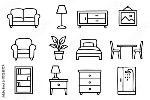 Interior Design Doodle Icon Set - Hand Drawn Home and Furniture Elements Collection