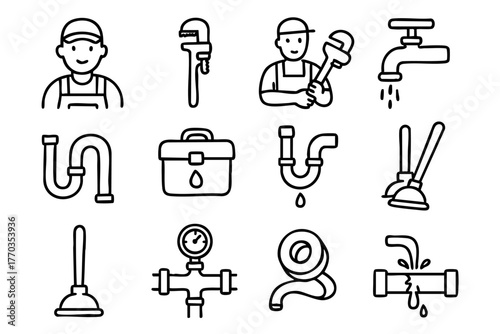 Plumbing elements doodle icon set vector illustration