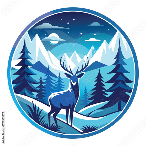 Winter Forest Scene Emblem. A vector logo with a deer in a snowy pine forest for the holiday season