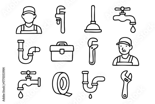 Plumbing elements doodle icon set vector illustration