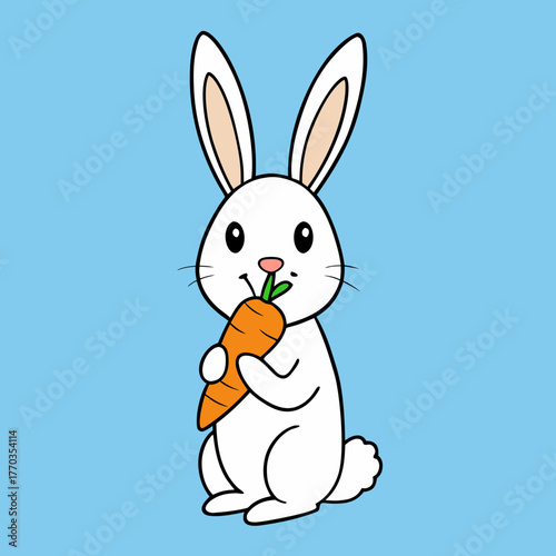 Cute cartoon white bunny holding and eating a fresh orange carrot on a blue background