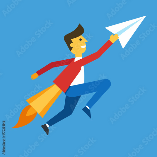 Man with jetpack and paper airplane soars through blue sky