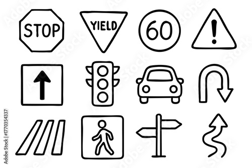 Traffic Icon Set in Doodle Style Vector Illustration