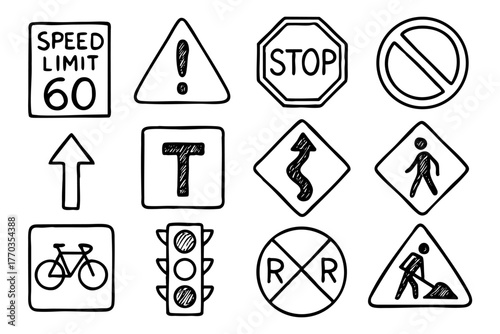 Traffic Icon Set in Doodle Style Vector Illustration