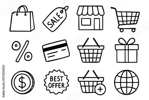 Shopping Sign Icon Set in Doodle Style Vector Illustration