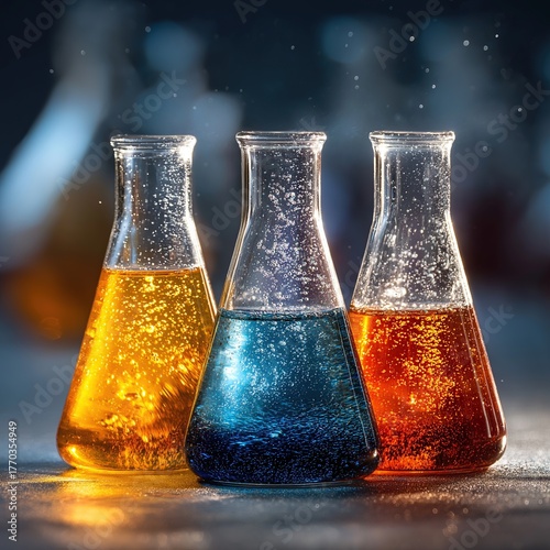 Colorful chemistry experiment with flasks in a laboratory setting