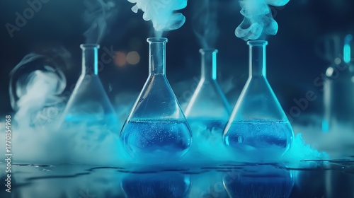 Colorful laboratory flasks with vapor in a scientific setting