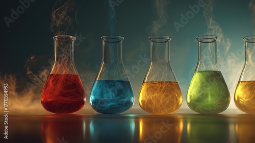 Colorful laboratory flasks with smoke showing chemical reactions