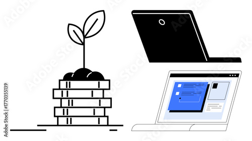 Stack of coins with sprouting plant for growth and investment concept. Closed and open laptops suggest online business, finance, technology, and innovation. Ideal for sustainability, financial