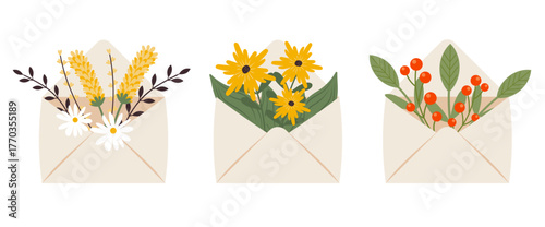 Envelopes with flowers, floral bouquets inside envelope. Spring summer congratulation concept. Plants gifts.