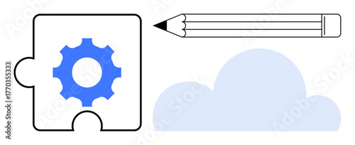 Puzzle piece with gear, pencil, and cloud motif representing brainstorming, innovation, and creative teamwork. Ideal for teamwork, strategy, planning, creativity problem-solving design cloud