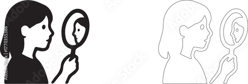 Woman looks in the mirror. Editable vector icon.