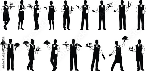 Silhouettes of waitstaff in formal attire holding trays, dishes, and menus, ideal for restaurant, catering, and hospitality design themes.