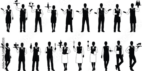 Silhouettes of restaurant staff in uniform holding trays and bottles, ideal for hospitality, catering, service industry, and vector design.