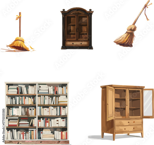 Bookshelf cabinet in color style, set of household appliances in color style 