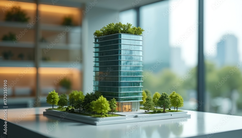 Obraz premium Modern high-rise office building model on white table. Miniature skyscraper with green roof, trees. Glass facade, urban landscape in background. Architectural model of sustainable city development.