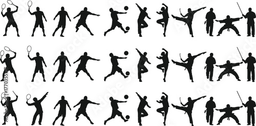 Silhouettes of athletes in diverse sports poses including boxing, ballet, fencing, soccer, martial arts, ideal for fitness and design.