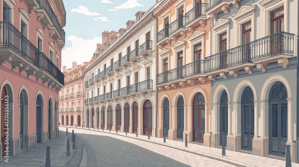 Obraz premium Romantic Old Town Street with Soft Pastel Facades.