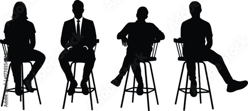 Silhouettes of seated individuals on high chairs in varied postures, ideal for fashion, character design, body language, and vector art.
