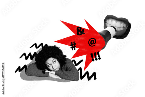 Creative poster collage of sad young female bullying aggression mouth angry unusual fantasy billboard comics zine