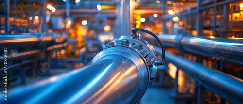 Industrial pipes with connections in a factory illuminated by evening lighting. Suitable for articles about industry, energy, production processes and technologies.