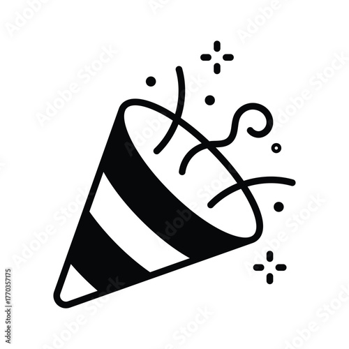 Well designed glyph icon of party popper with confetti explosion for events