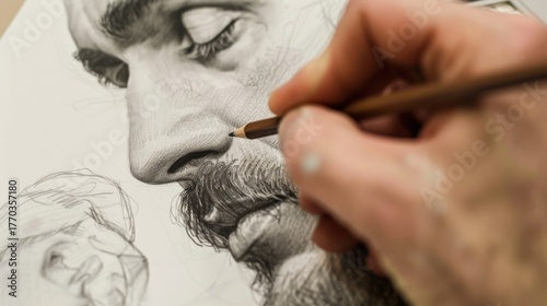 A close-up of a hand drawing a detailed portrait of a man with a beard. The artwork showcases fine pencil strokes and intricate facial features.