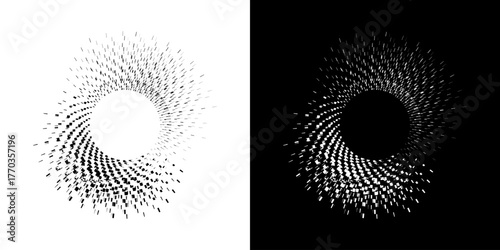 Dynamic abstract spiral sound wave rhythm lines. Circular spiral sound wave rhythm of lines. Circular futuristic abstract lines, black and white background.