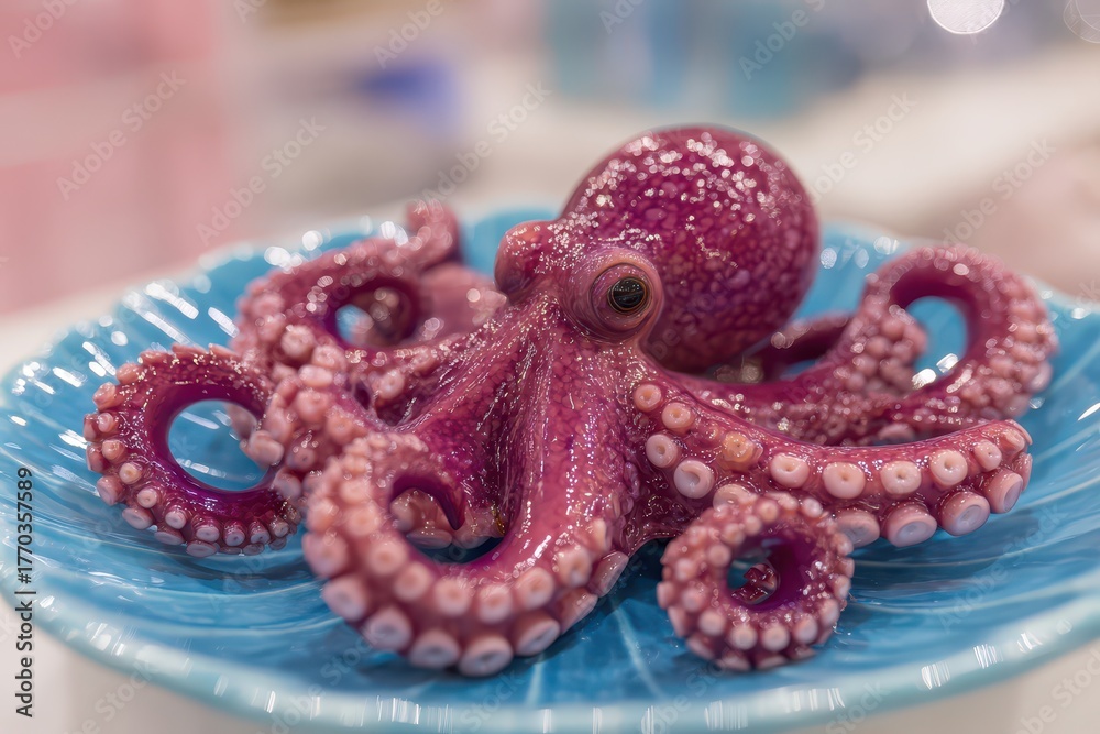 Fototapeta premium A vividly colored cooked purple octopus rests on a blue decorative plate, ready to be served.