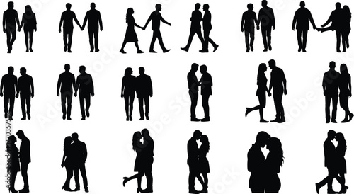 Romantic couple silhouettes in various poses, walking, hugging, kissing, standing together, perfect for love, relationship, and vector design themes.